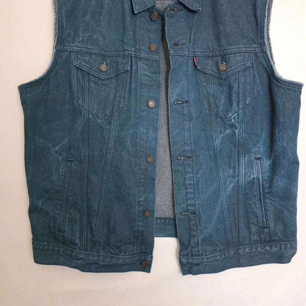 Levis Mens Trucker Denim Vest Dark Wash Blue Sleeveless Jacket XXL Raw Sleeve